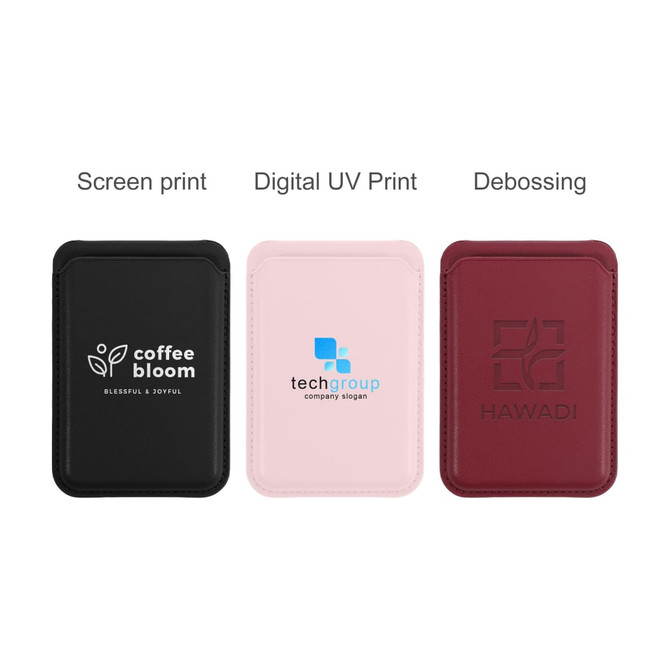 A set of three PU foldable magnetic card holders in black, pink, and burgundy, featuring various logos.
