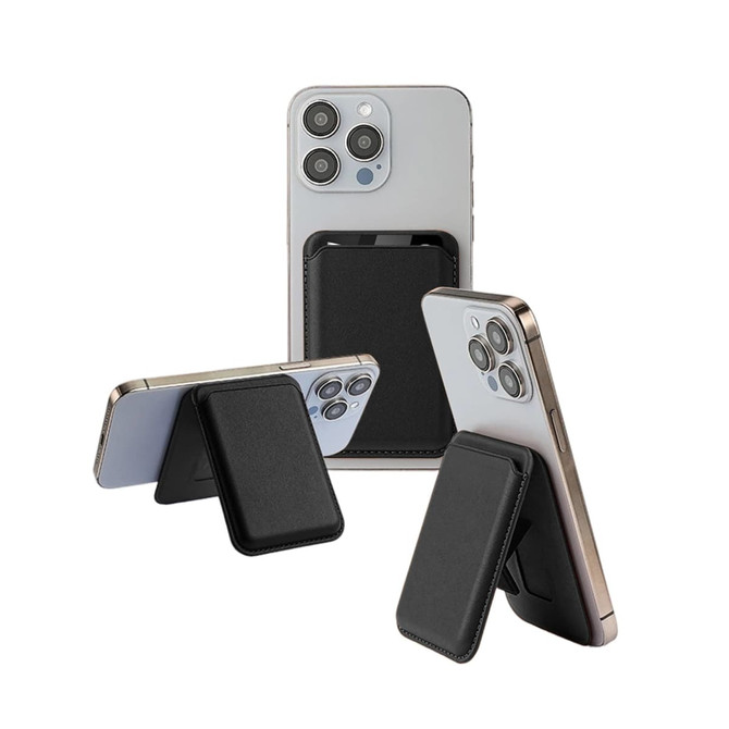 A black PU foldable magnetic card holder with phone stand, attached to two smartphones, showcasing its features.