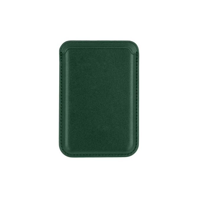 A green PU magnetic phone card holder with a smooth finish and stitching around the edges. It features a logo.