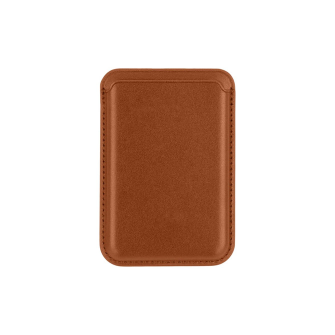 A brown PU magnetic phone card holder with a simple, sleek design and subtle stitching details.