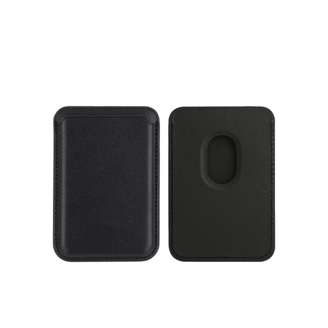 A PU magnetic phone card holder in black, featuring a sleek design with a cut-out for easy card access.