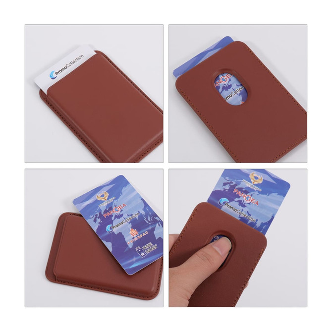 A brown PU magnetic phone card holder with an opening for easy card access and a card inserted.