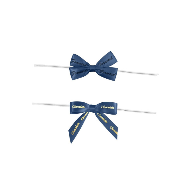 Two navy blue twist tie bows with white ribbons, featuring the words "Forward" and "Chocolate" on the bows.
