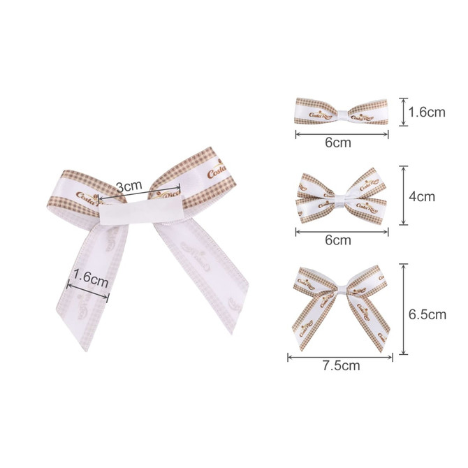 Adhesive bows in white with a gold pattern, featuring various sizes: 6 x 4 cm, 7.5 x 6.5 cm, and 3 x 1.6 cm.
