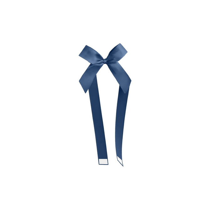 A navy blue adhesive ribbon bow with two long trailing ribbons, featuring a smooth satin finish.