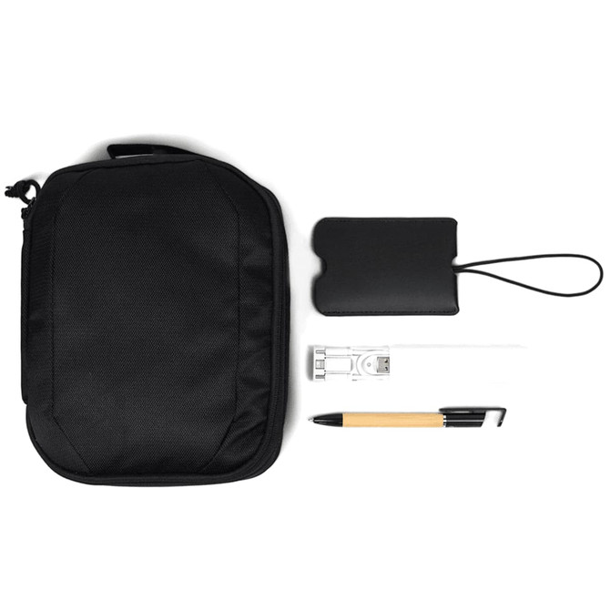A black travel pack containing a pouch, pen, USB, and a card holder, featuring a simple design with a logo.