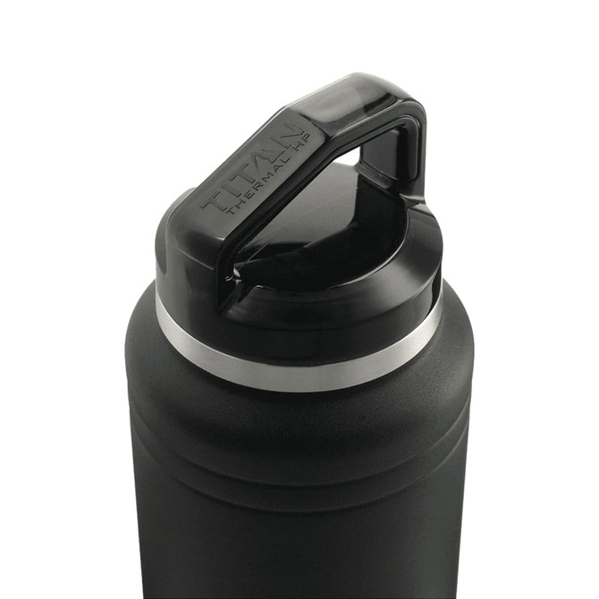 A black drink bottle with a silver band and a sturdy black cap, featuring a logo on the side.