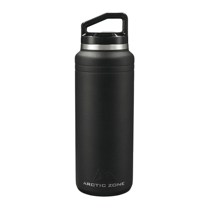 A black insulated drink bottle with a silver accent and a handle, featuring a logo on the front.