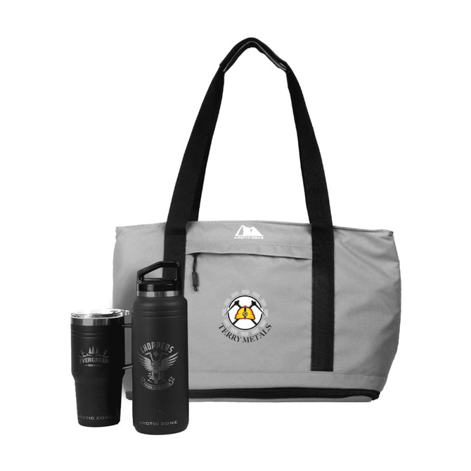 A grey tote bag with black straps, a drink bottle, and a stainless steel cup. The bag features a logo.