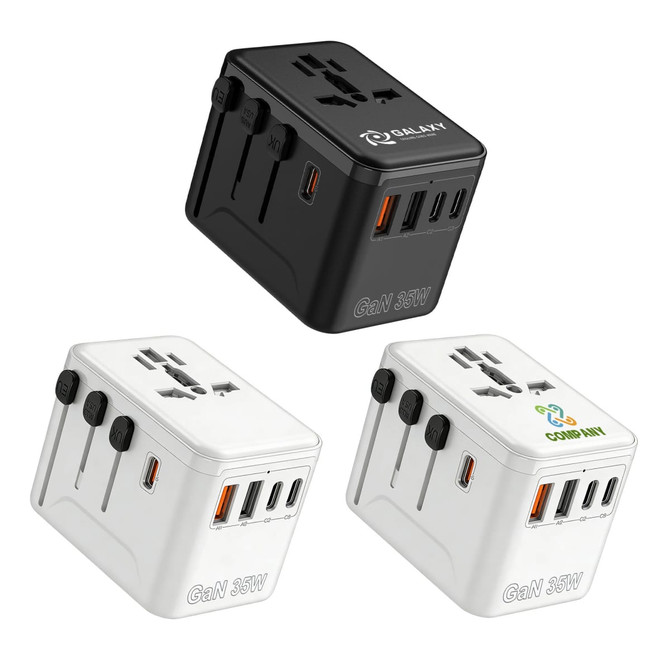 Three travel adapters in black and white, featuring multiple USB and charging ports, with one having a logo.