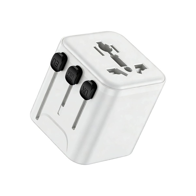 A white mini universal travel adapter with three adjustable plugs for different regions, featuring a logo.
