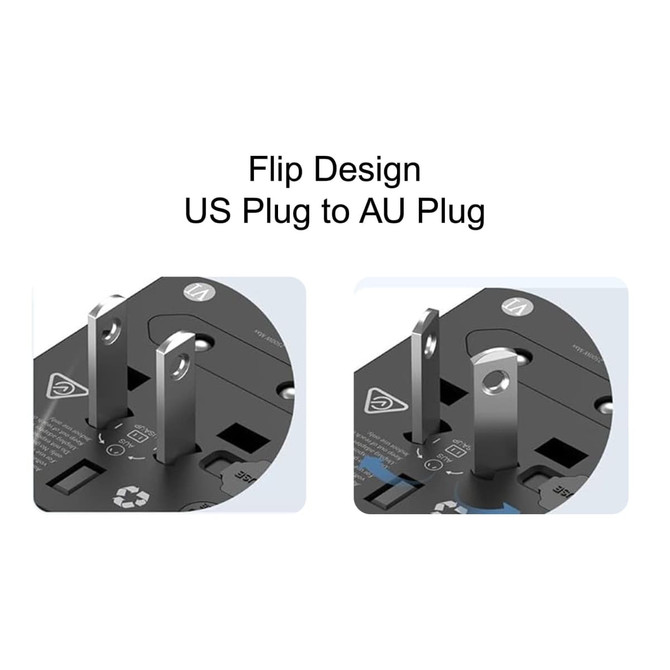 A black Mini Universal Travel Adapter with a flip design, featuring US and AU plug configurations and a logo.