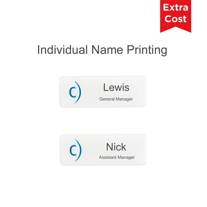 A custom acrylic name badge in white with a blue logo and text for two individuals.