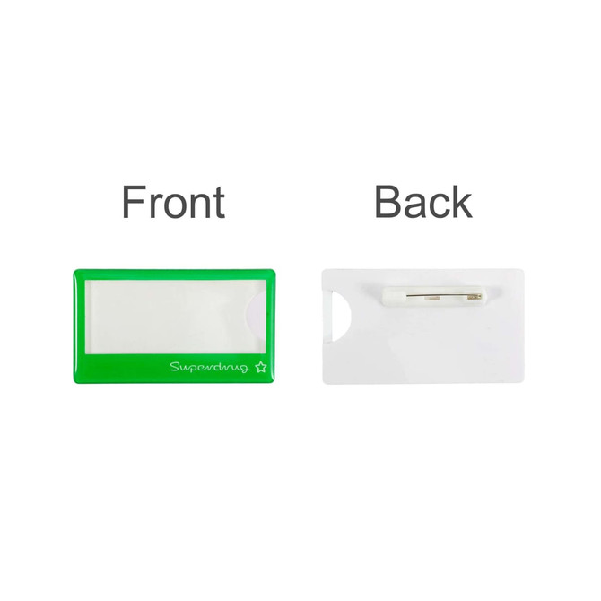 A green and white custom reusable acrylic name badge, featuring a pin on the back for attachment.