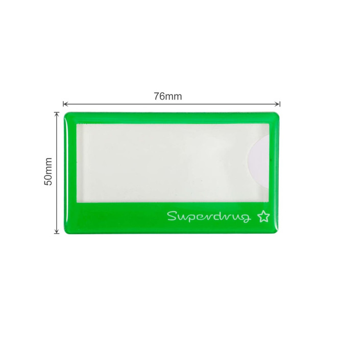A green reusable acrylic name badge with a rectangular shape and a logo at the bottom. It has a transparent area for custom names.