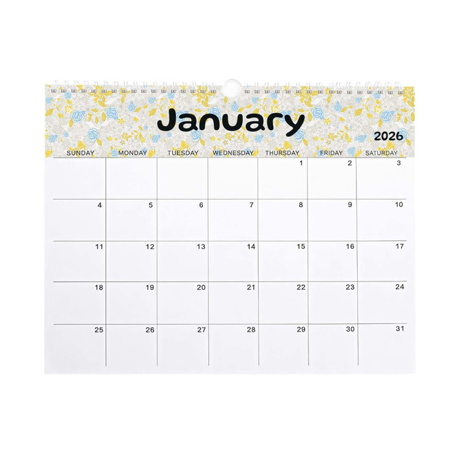 A horizontal wall calendar for January 2026 featuring a floral design at the top and a white grid layout.