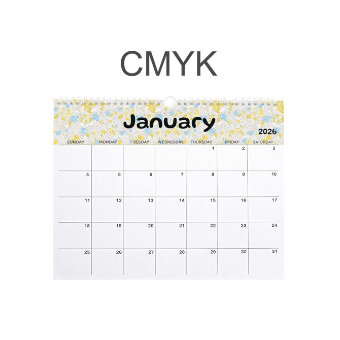 A horizontal wall calendar featuring a floral design at the top, with a white background for January 2026.