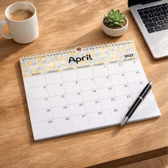 A horizontal wall calendar featuring a floral design for April 2027, on a wooden desk with a coffee cup and succulent plant.