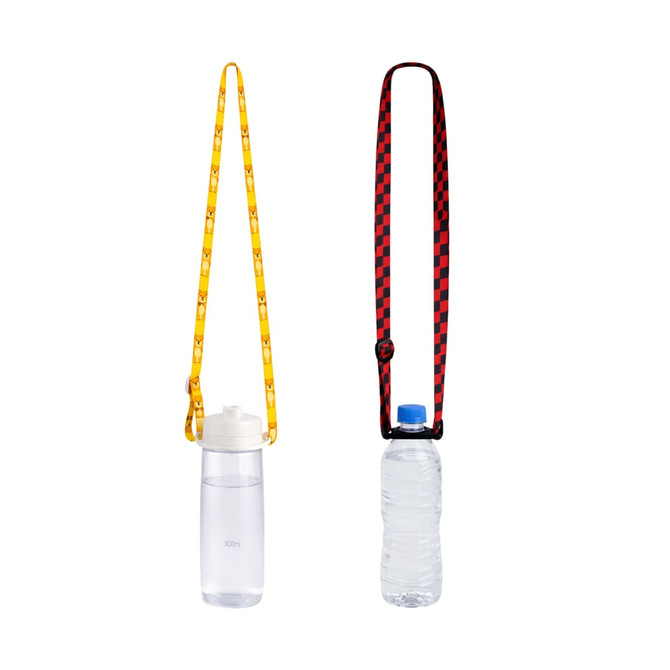A drink bottle with a yellow lanyard and a second bottle with a black and red checkered lanyard. Both include logos.