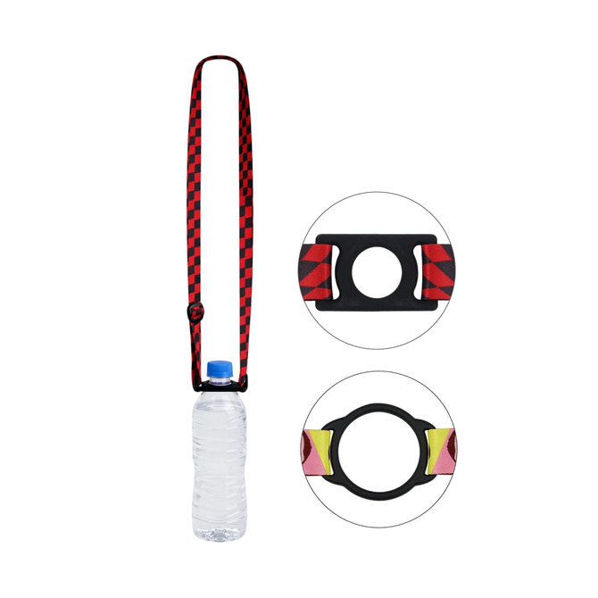 A drink bottle with a black and red checkered lanyard and a colourful holder, designed for convenience.