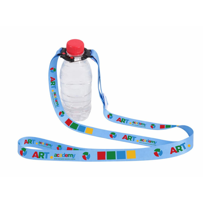 A drink bottle with a red cap attached to a light blue lanyard featuring colourful designs and a logo.