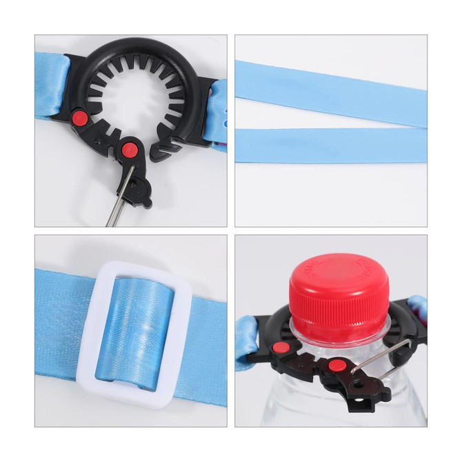 A drink bottle lanyard in light blue, featuring a black clasp and a red button for secure attachment.