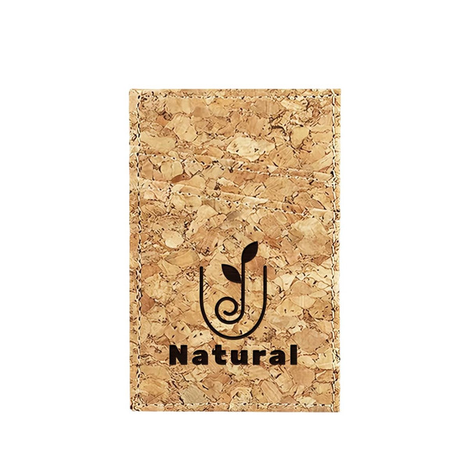 A cork card wallet with a natural finish, featuring a logo and a textured surface made of cork.