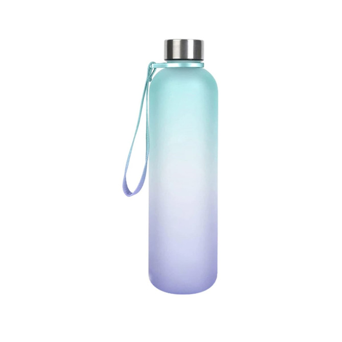 A drink bottle made of BPA-free Tritan, featuring a gradient design in shades of blue and purple with a stainless steel lid.
