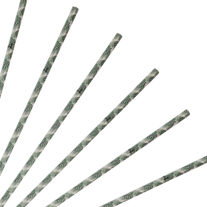 A set of green and white disposable 3-ply straight drinking paper straws arranged in a fan shape.