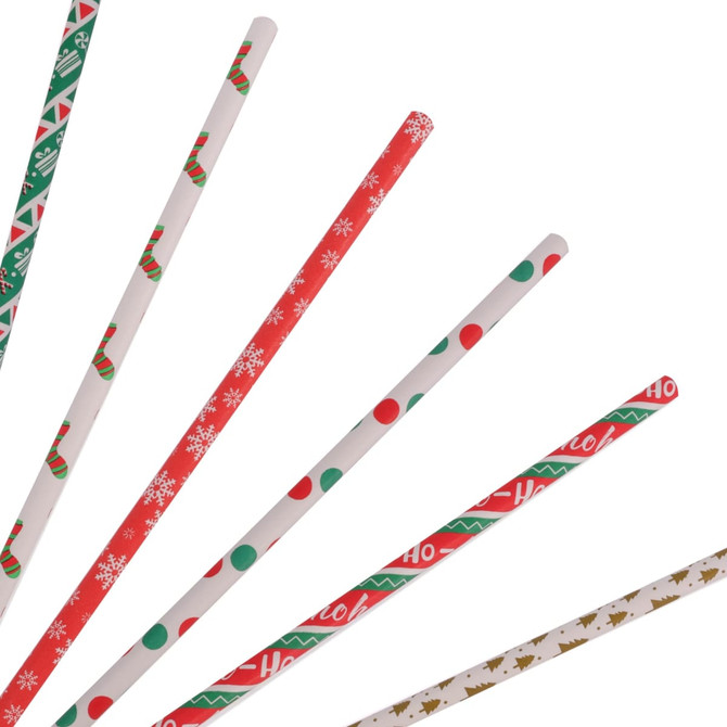 A set of disposable 3-ply drinking paper straws in festive designs, featuring green, red, and patterned decorations.