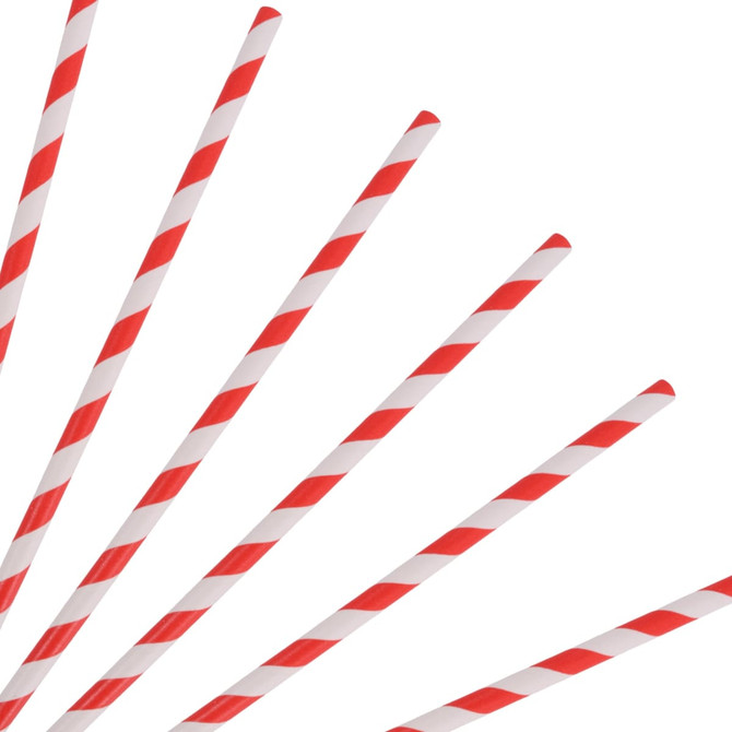 A group of red and white striped disposable 3-ply paper straws arranged diagonally against a white background.