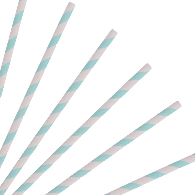 A collection of straight, disposable 3-ply paper straws in light blue and white stripes against a white background.