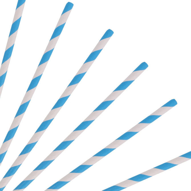 A group of disposable 3-ply paper straws in blue and white, arranged at an angle against a white background.
