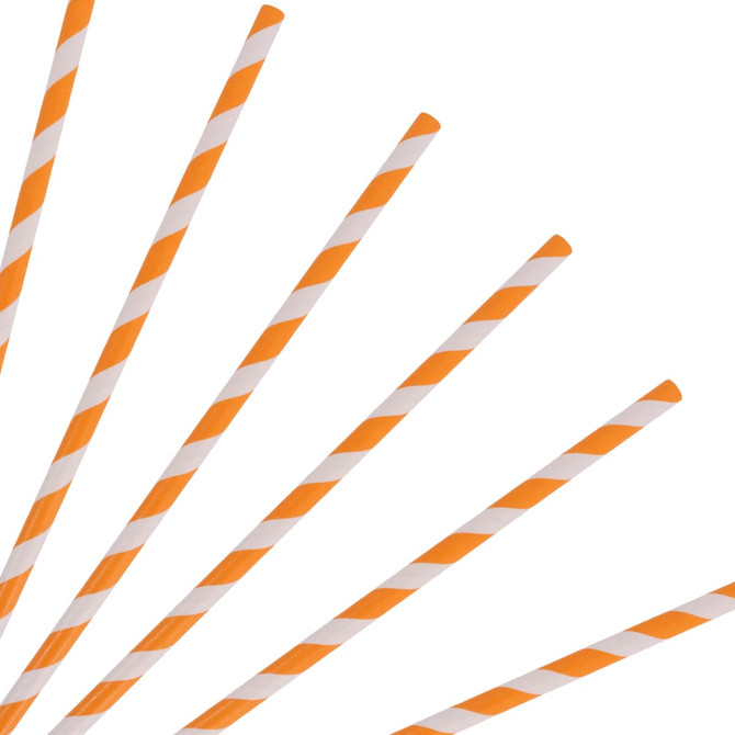 A collection of orange and white striped disposable 3-ply drinking paper straws arranged diagonally.