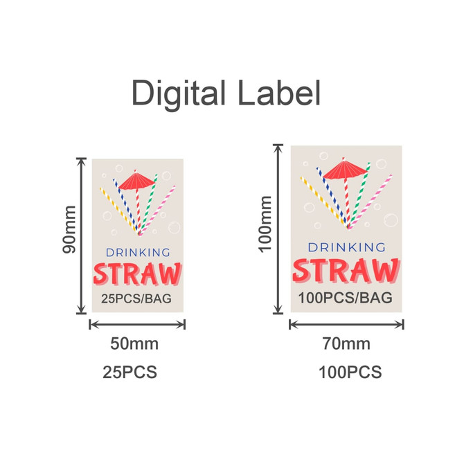 Digital labels for drinking straws, featuring various colourful straw designs and specifications for 25 and 100 pieces.