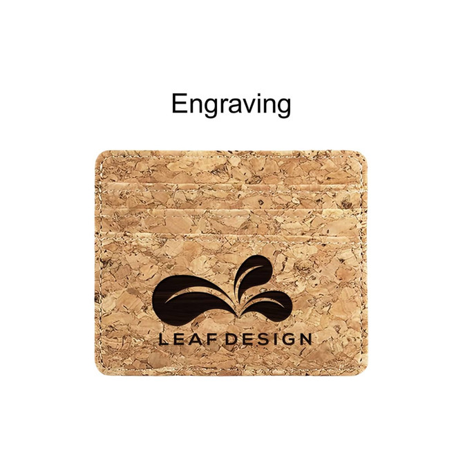 A cork card holder featuring multiple slots and a logo design. The natural texture highlights its eco-friendly material.