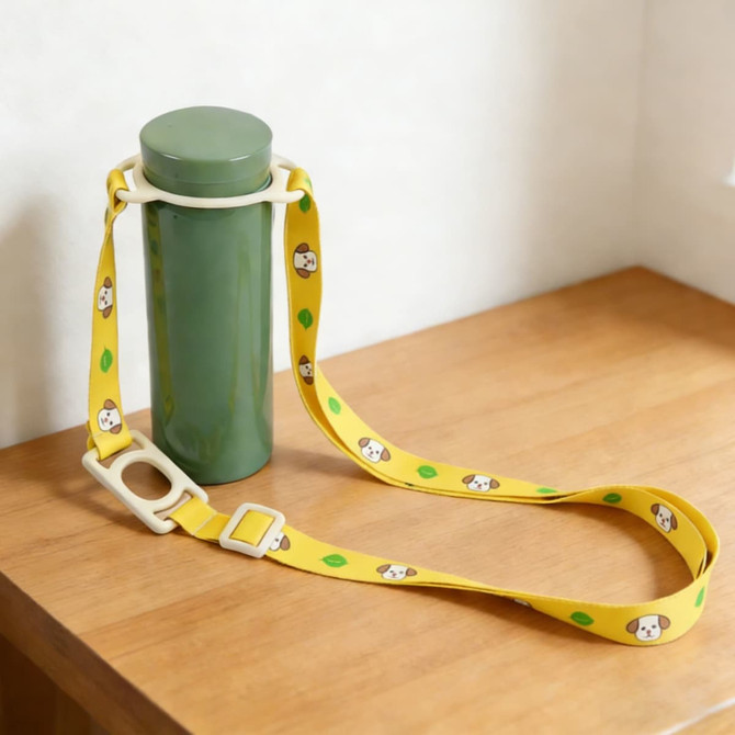 A drink bottle in green with a white lanyard featuring a yellow design and animal motifs.