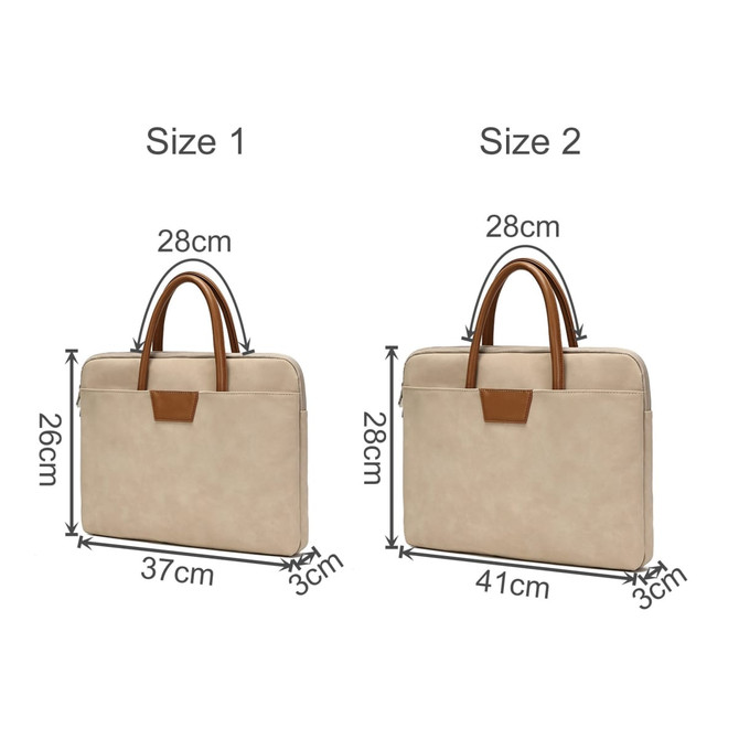 A beige suede PU leather laptop bag with brown handles, available in two sizes, displaying dimensions for each.