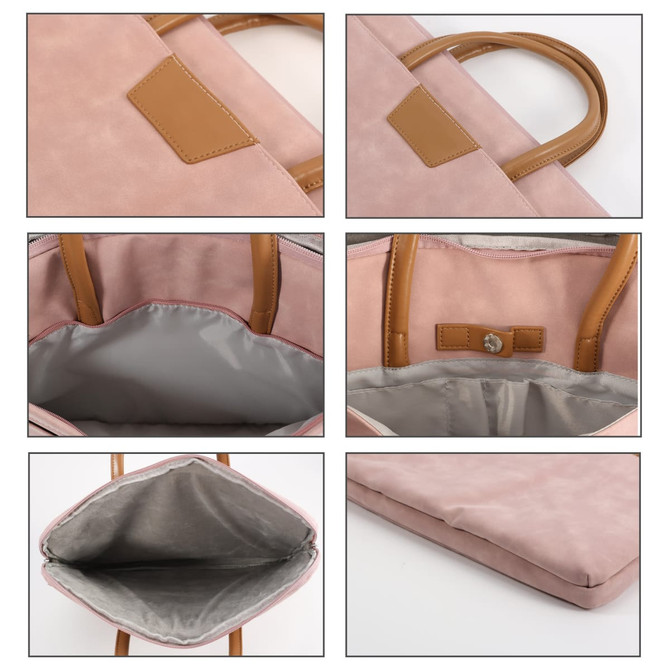 A pink suede PU leather laptop bag with brown handles, featuring a grey interior and a subtle logo.