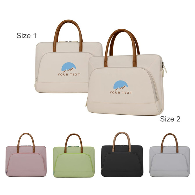 A set of PU handle laptop bags in cream, pink, green, black, and grey, featuring zippered outer pockets and logos.
