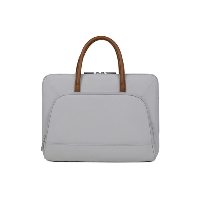 A grey laptop bag with a zippered outer pocket and brown PU handles, featuring a simple and sleek design.