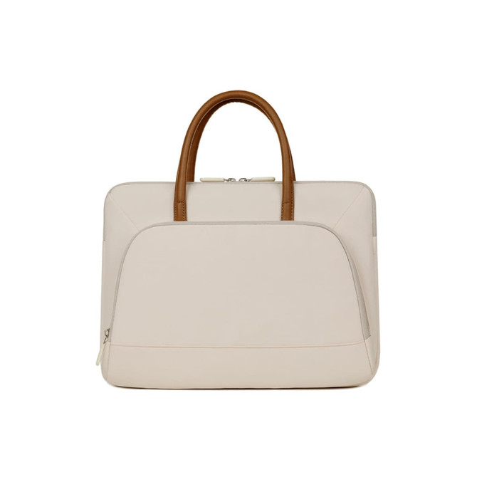 A cream PU handle laptop bag with a zippered outer pocket and brown handles. The bag features a logo.
