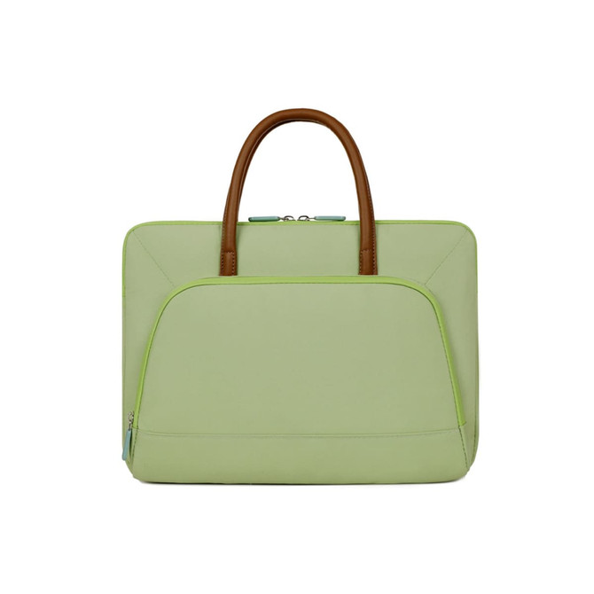 A light green laptop bag with a zippered outer pocket and brown PU handles. It features a logo on the front.