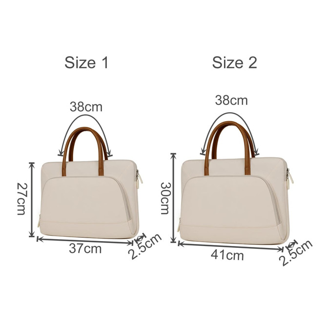 A cream PU handle laptop bag with a zippered outer pocket, available in two sizes and featuring brown handles.