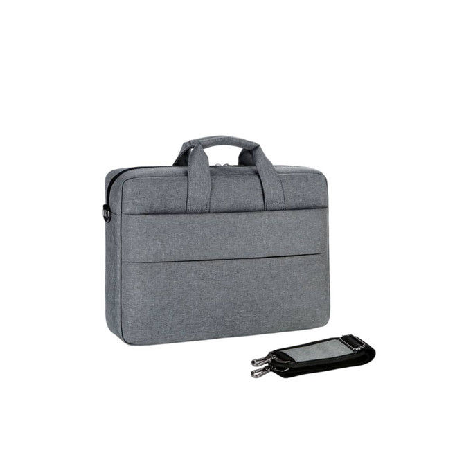 A grey laptop bag with dual handles and a front pocket, accompanied by a smaller accessory pouch.