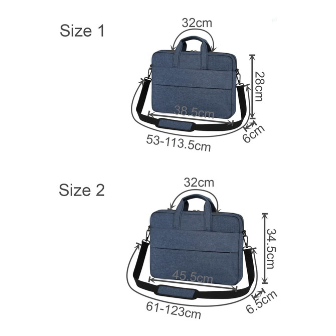 A blue business laptop bag with a buffer pad, featuring two sizes and various strap lengths. It includes a logo.