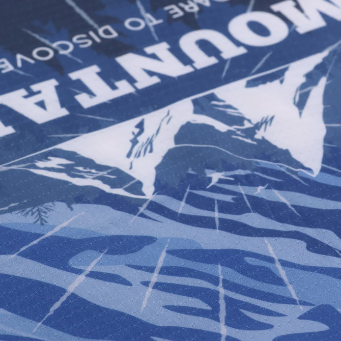 A blue neck gaiter featuring a mountain design and a logo, made from perforated ice silk material.