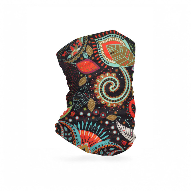 A colourful neck gaiter featuring intricate patterns of leaves and swirls in red, green, and gold on a black background.