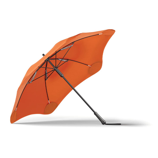 An orange umbrella with a sleek black frame, featuring a curved design and sturdy base.