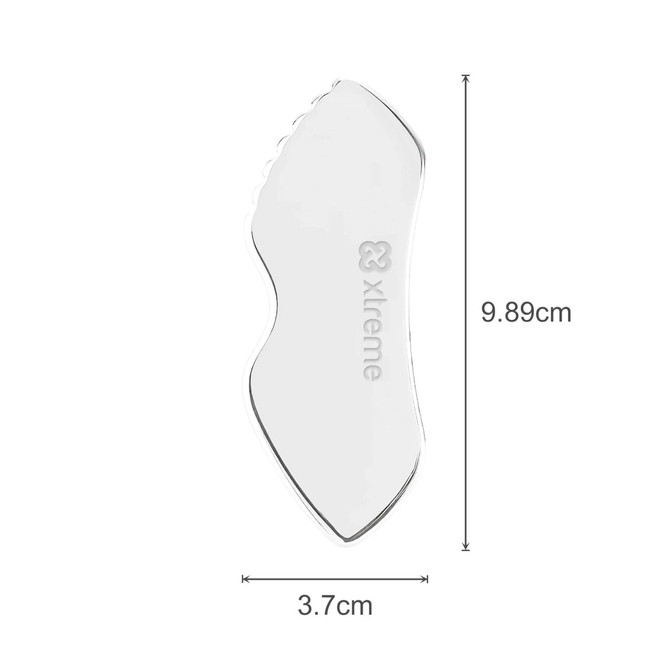 A customised Gua Sha board in clear plastic, featuring a smooth design with a logo, measuring 9.89 cm by 3.7 cm.